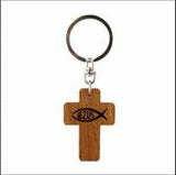 Sleutelhanger houten kruis; Vis/Jesus