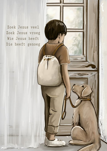 Kaart 'Zoek Jezus veel' (jongen) - Art by Claudia
